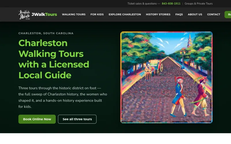 JWalk Tours homepage: “Charleston Walking Tours with a Licensed Local Guide” beside a painting of a Charleston street with a horse-drawn carriage