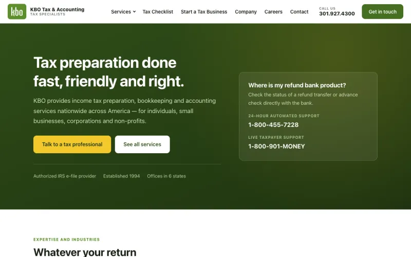 KBO Tax & Accounting homepage: “Tax preparation done fast, friendly and right” on a green banner, with refund support phone numbers