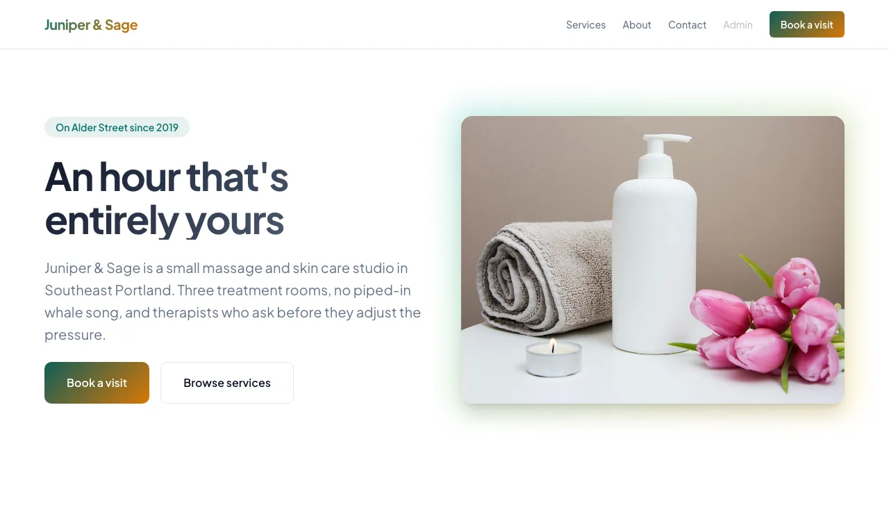 The Mainstreet design: a massage studio homepage with a booking button and a calm, uncluttered hero