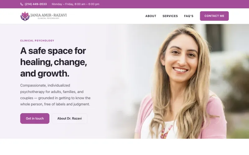 Psychology Center of ACH homepage: “A safe space for healing, change, and growth” beside a smiling portrait photo