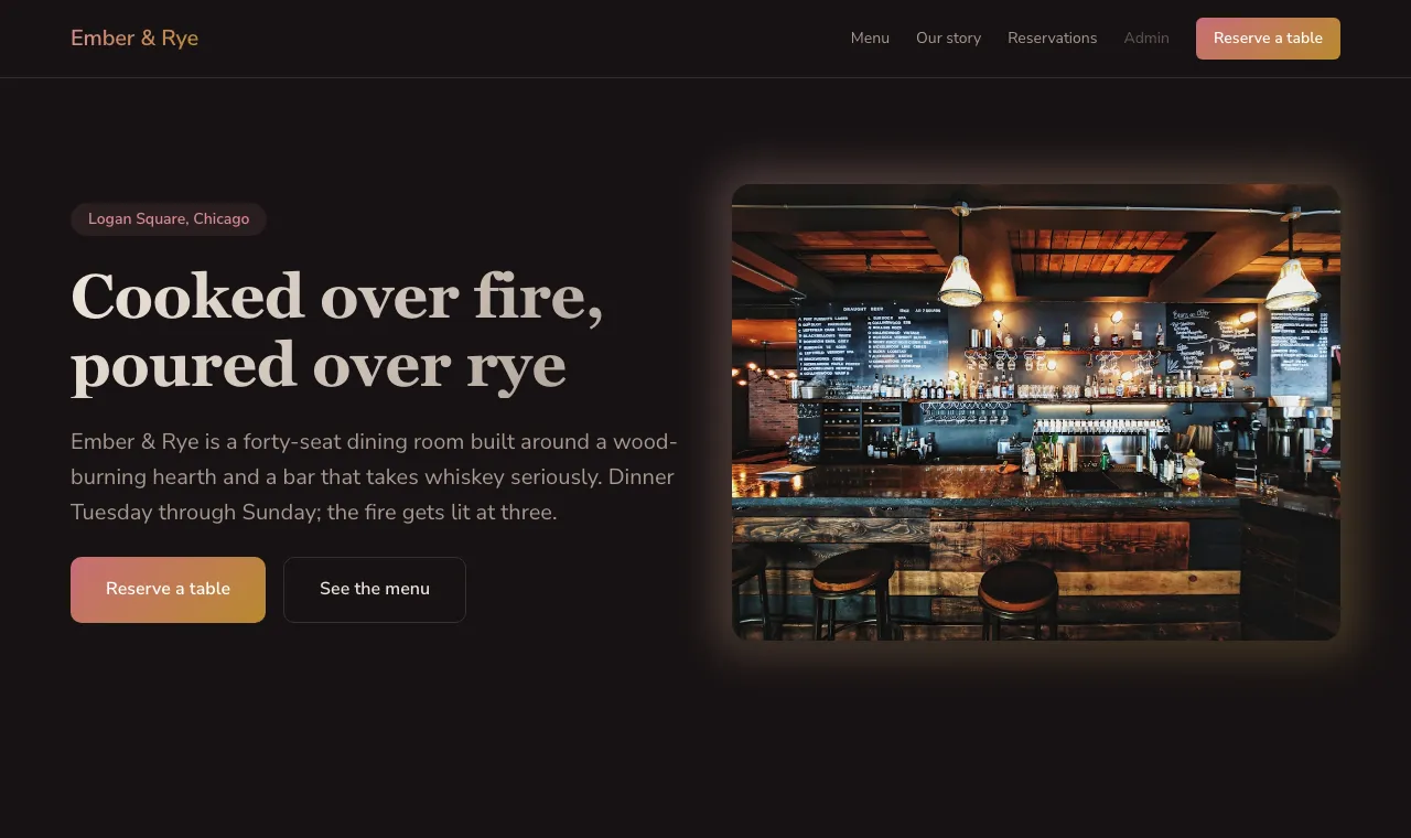 The Supper design: a dark, candlelit restaurant homepage with a reserve-a-table button