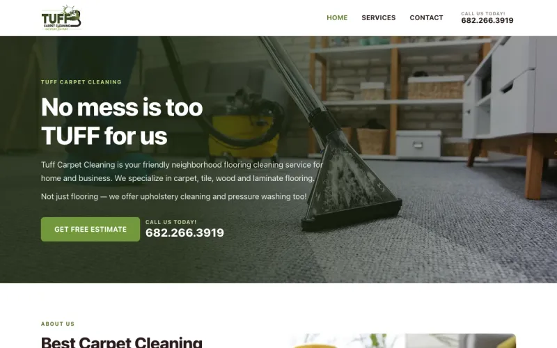 TUFF Carpet Cleaning homepage: “No mess is too TUFF for us” over a photo of a carpet being steam cleaned